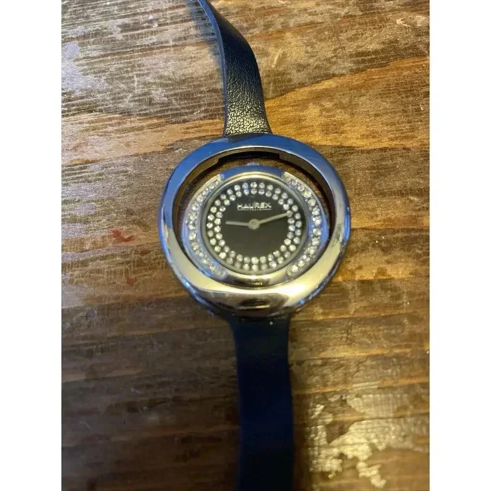 Haurex Italy Lady Watch Original Watch Not Working Silver Crystal Black Leather